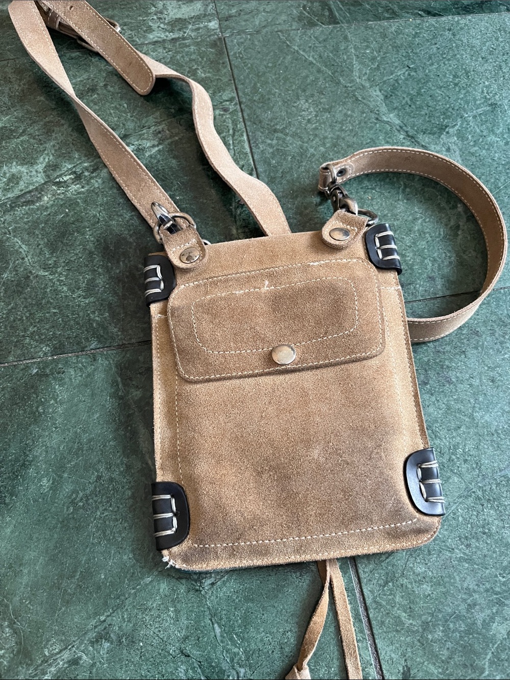 Tan Suede Men's Messenger Crossbody Bag with Black Accents